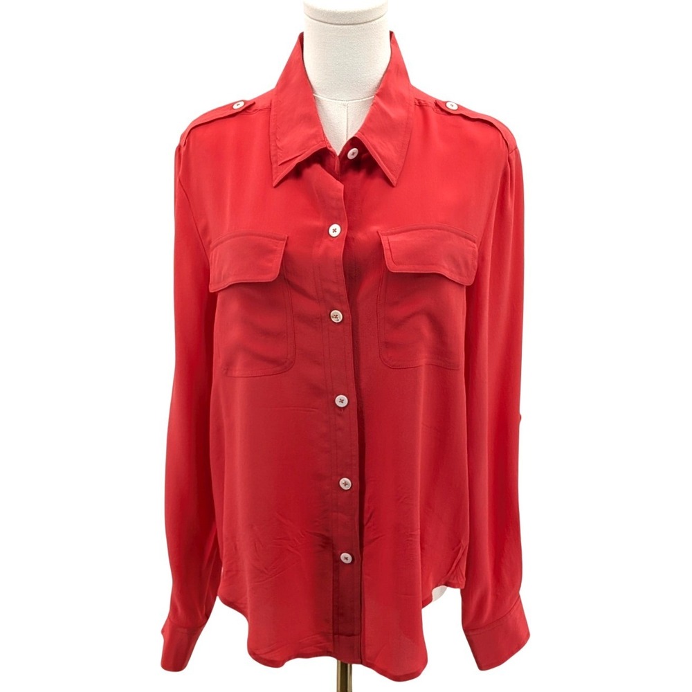 Linq 100% Silk Button Front Blouse Long Sleeve Utility Pocket Coral Red L